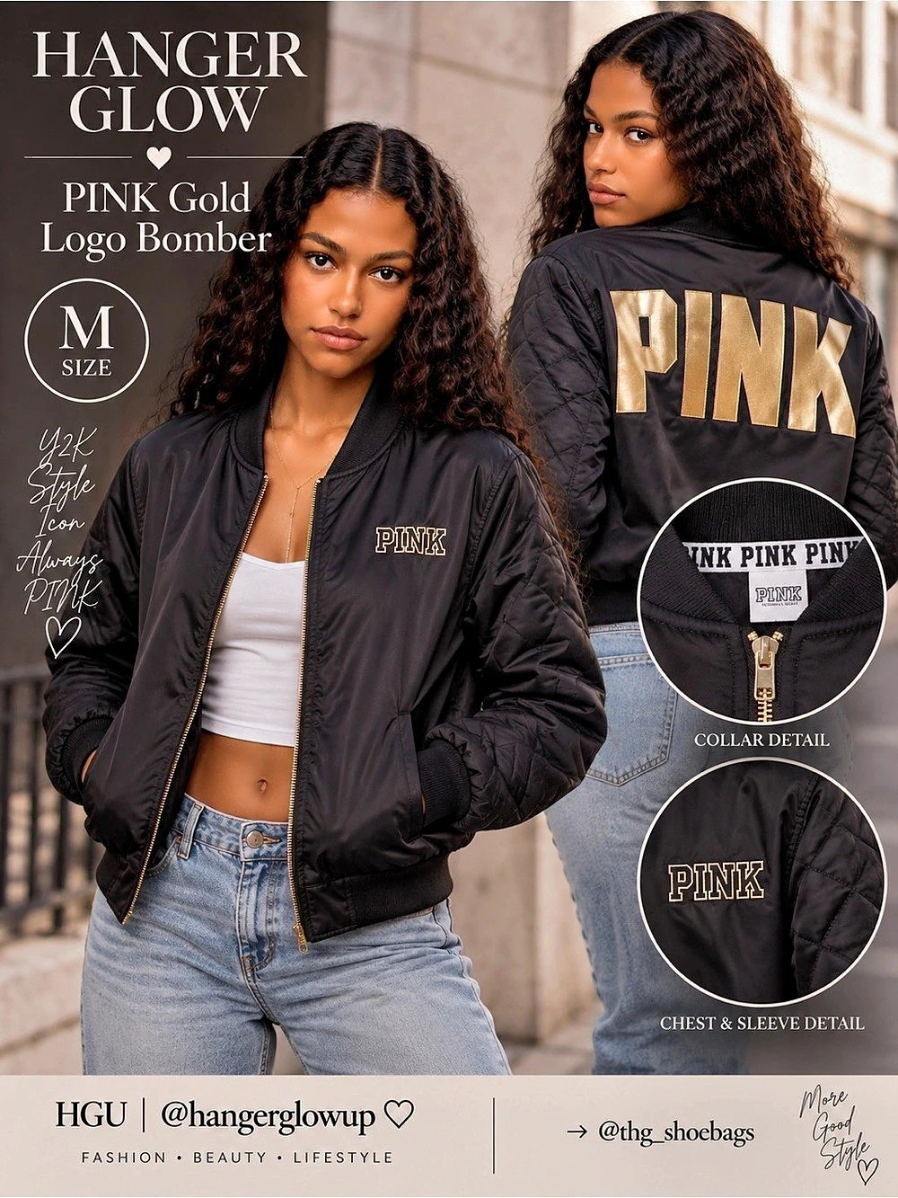 PINK Victoria’s Secret Black Gold Logo Quilted Bomber Jacket M Y2K
